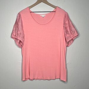Rio & Rian Womens Blouse 3X Pink Floral Eyelet Sleeve Stretch Casual‎ Ribbed